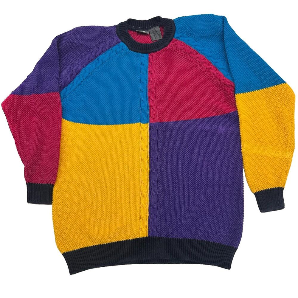 VTG Lizwear Sweater Medium Color Block Cable Knit Crewneck Geometric Retro 90s